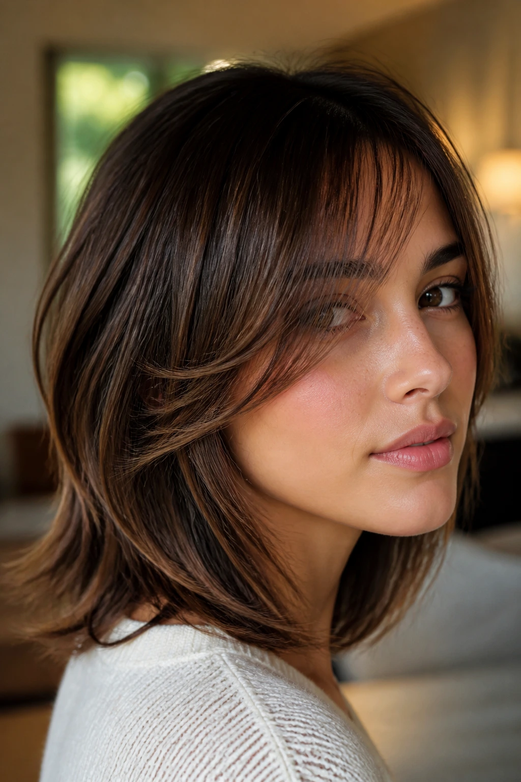 Close-up of a real woman with blended face-frame bangs in natural light