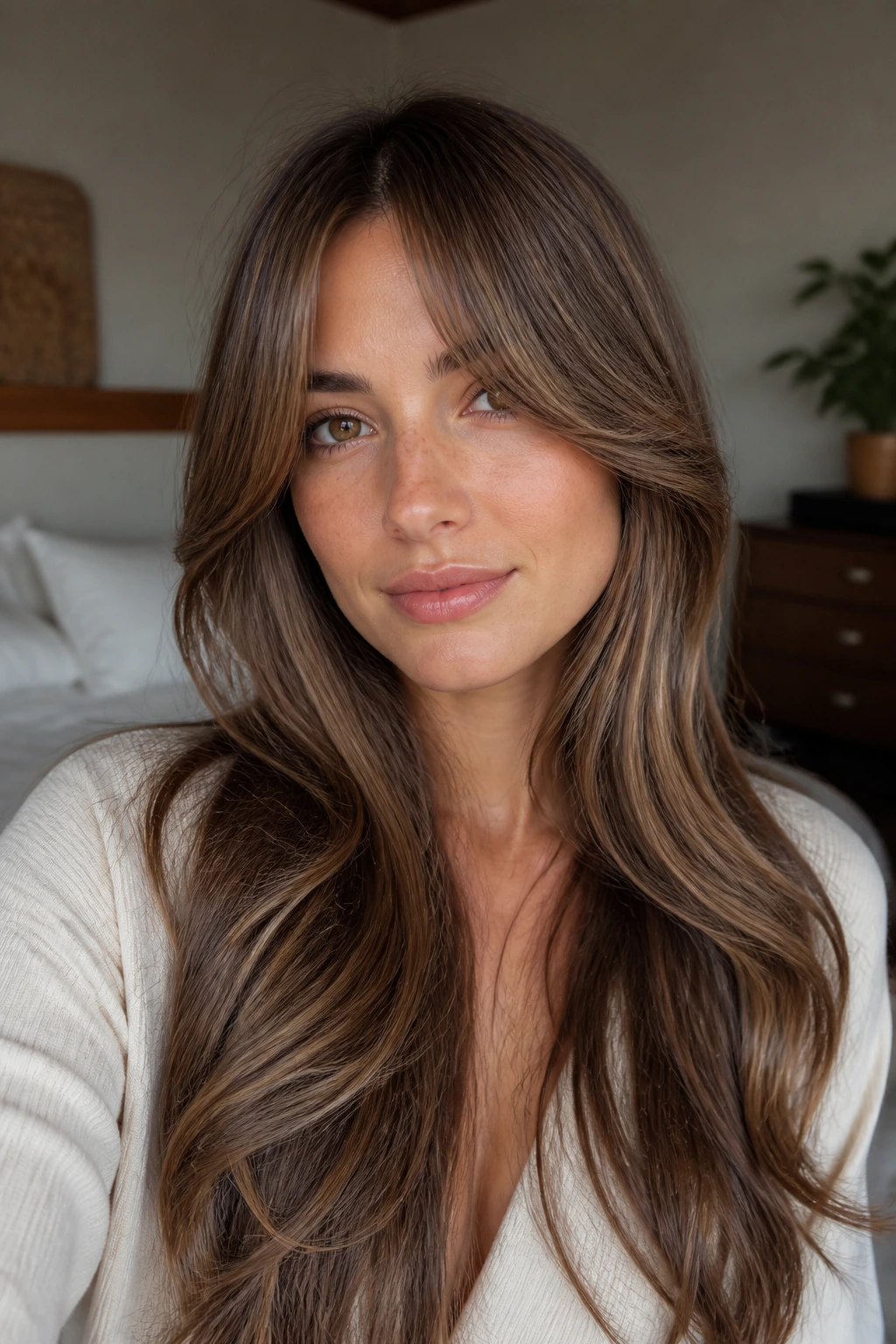Real woman with a blended face-framing fringe that disappears into long layers.