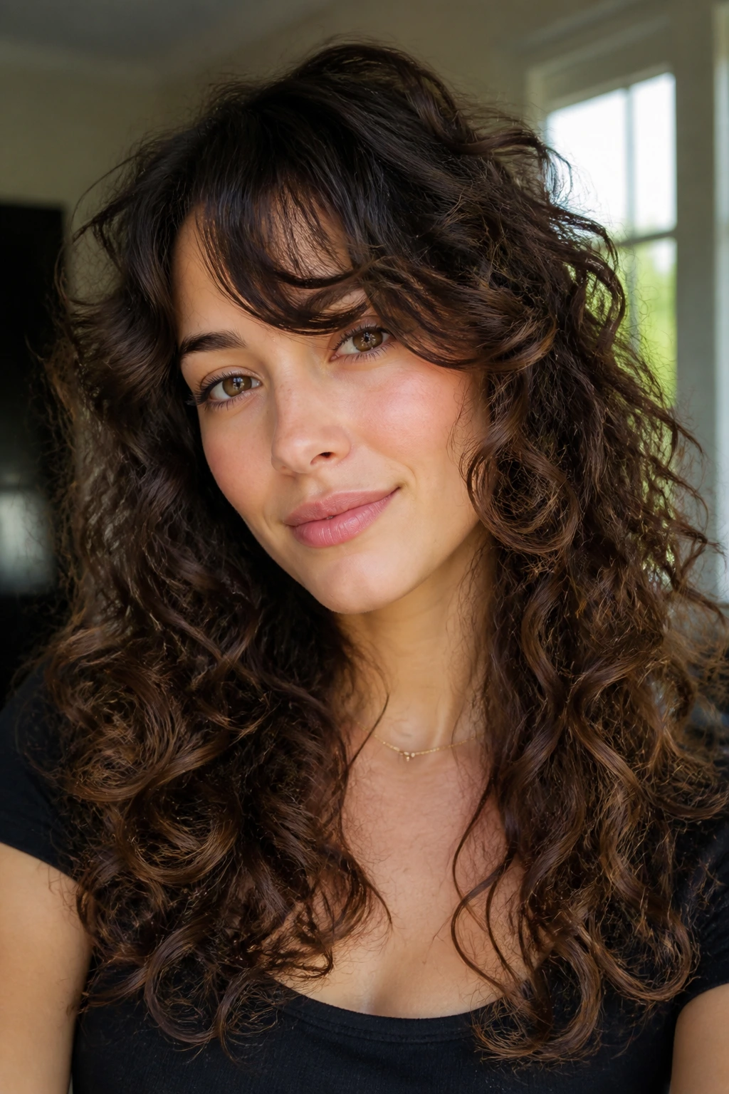 Close-up of a real woman with blended fringe and seamless sides