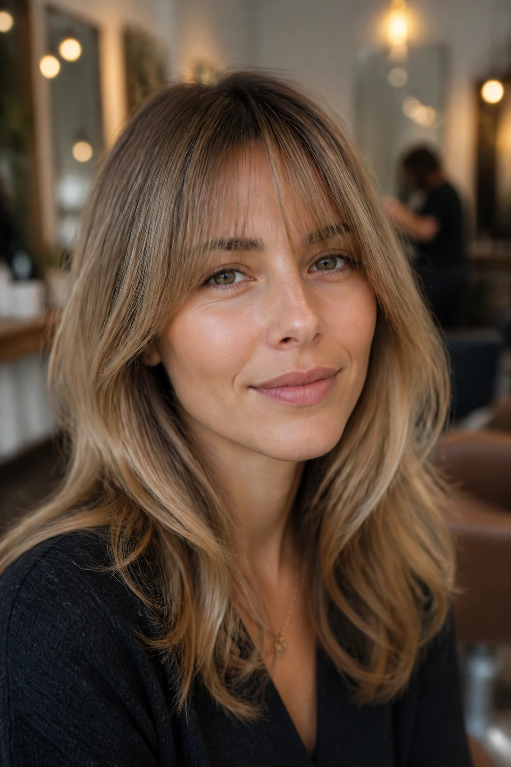 Real woman with blended fringe for low-density hair in a salon