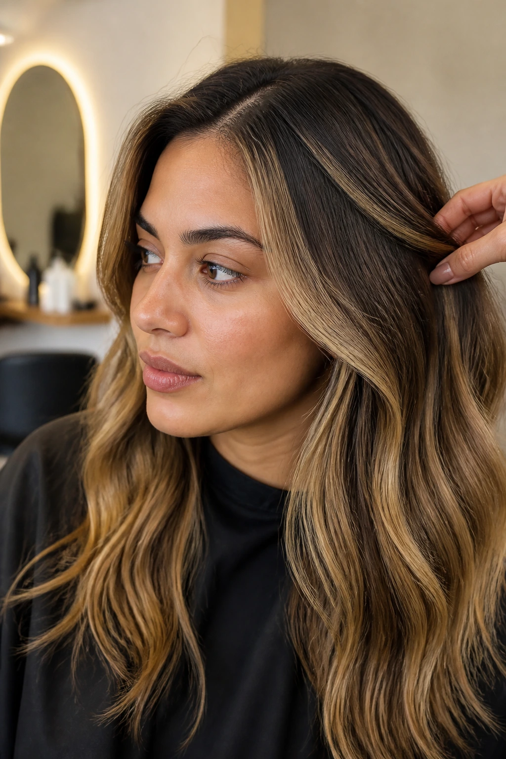 Close-up portrait showing blended highlights with subtle root regrowth