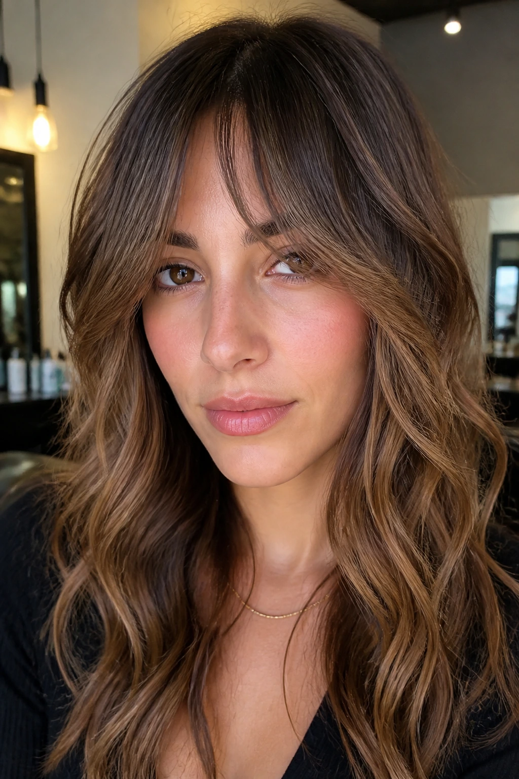 Close-up of blended layer bangs on a real person in a salon