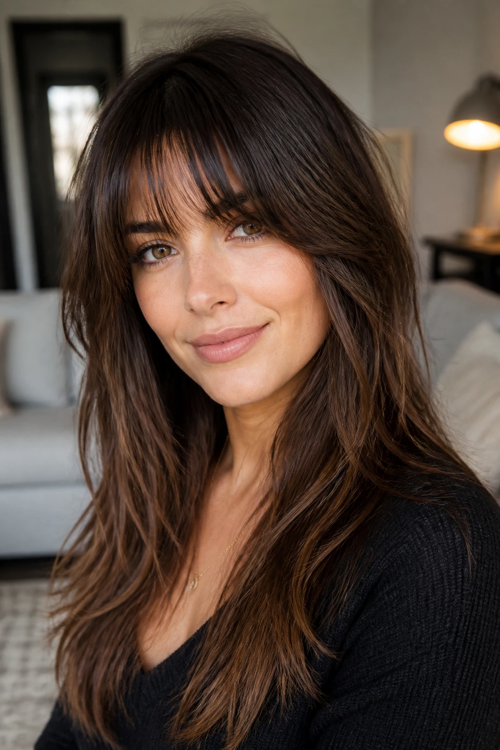 Real woman with blended layers and fringe, soft integration into hair