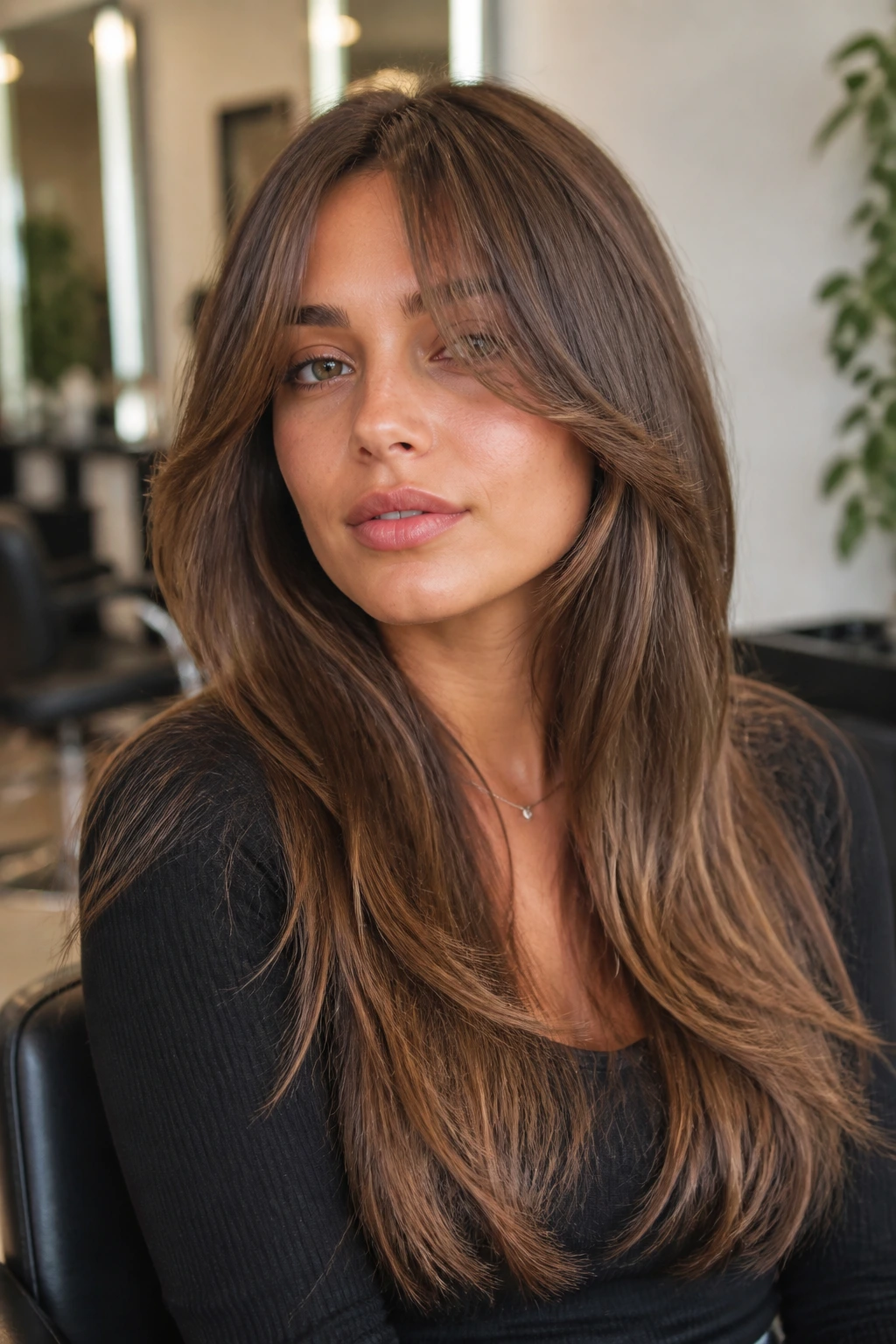 Portrait of a real person with blended long bangs blending into the hair length in natural light.