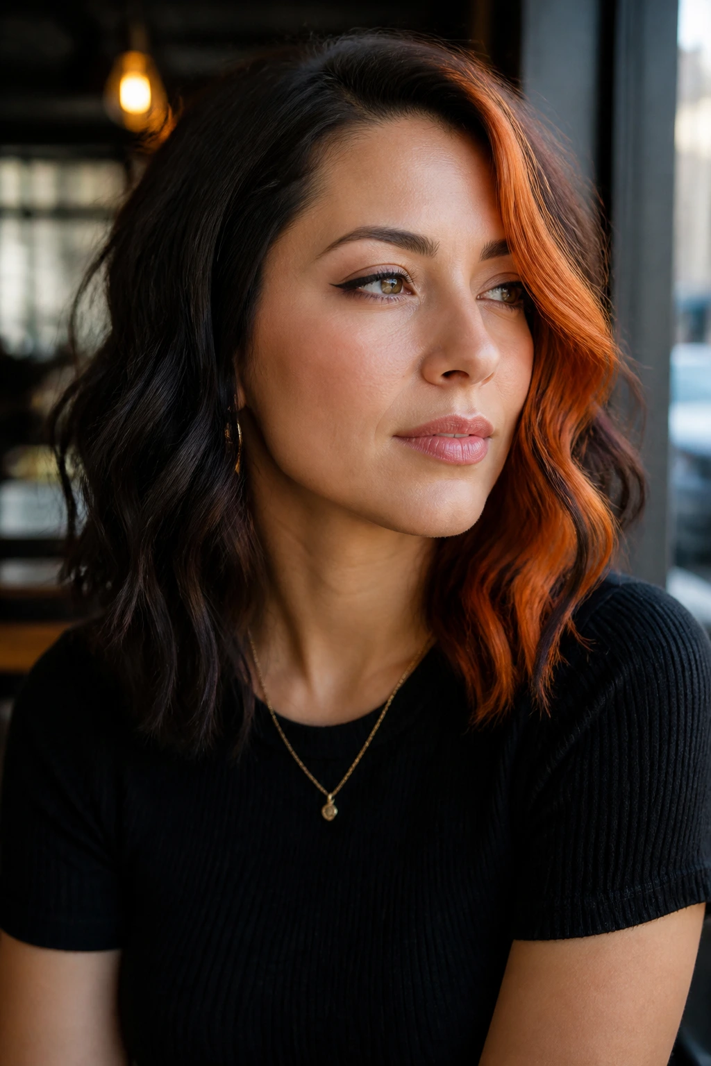 Portrait of a real woman with block-dyed waves in a chic outfit