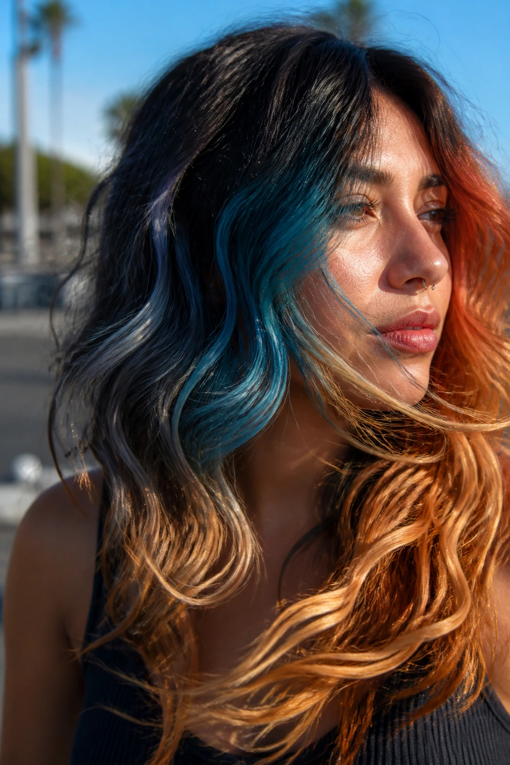 Real person with color-blocked wavy hair captured in motion in natural sunlight