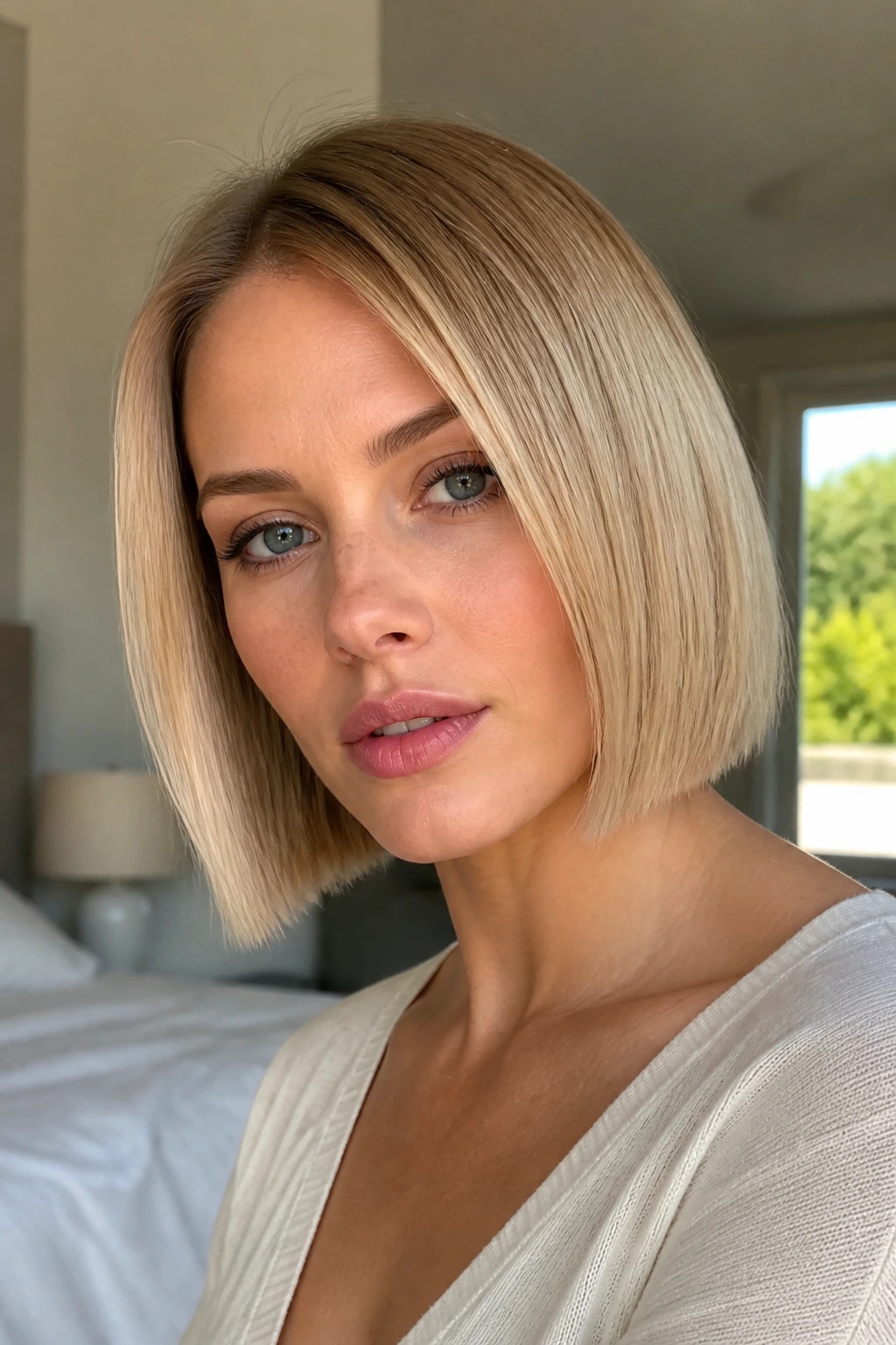 Close-up portrait of a woman with a blond bob on straight hair, heart-shaped face.