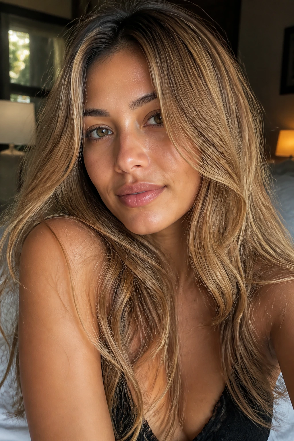 Close-up portrait of a real person with olive skin and blond caramel hair in warm window light