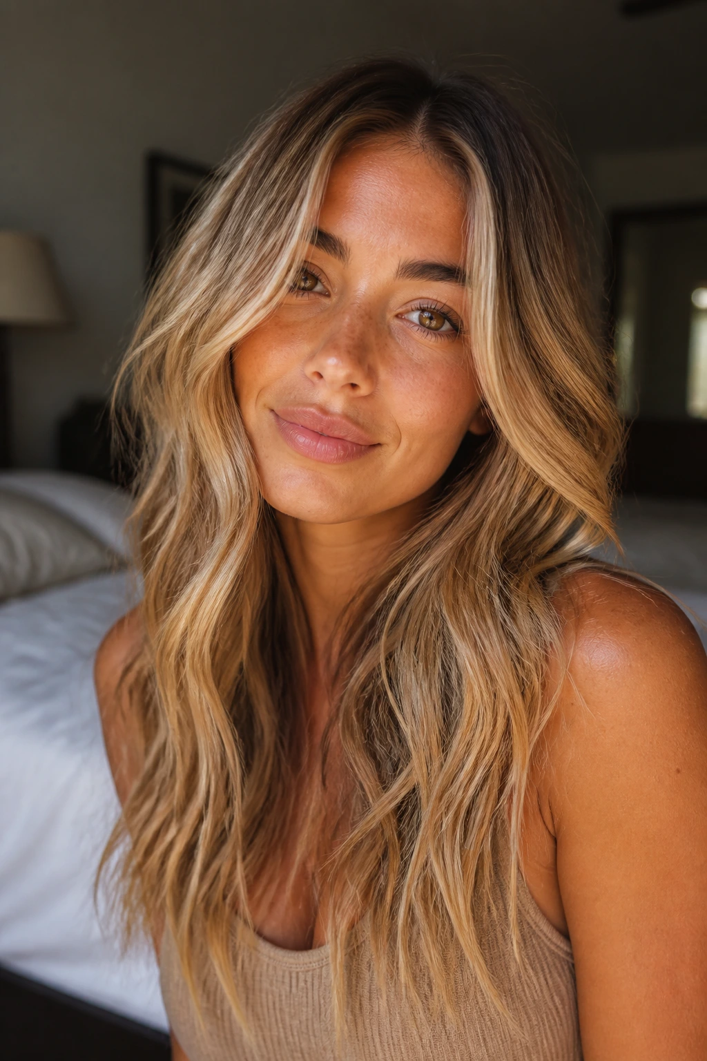 Close-up portrait of a real woman with blond caramel hair in loose waves, warm window light