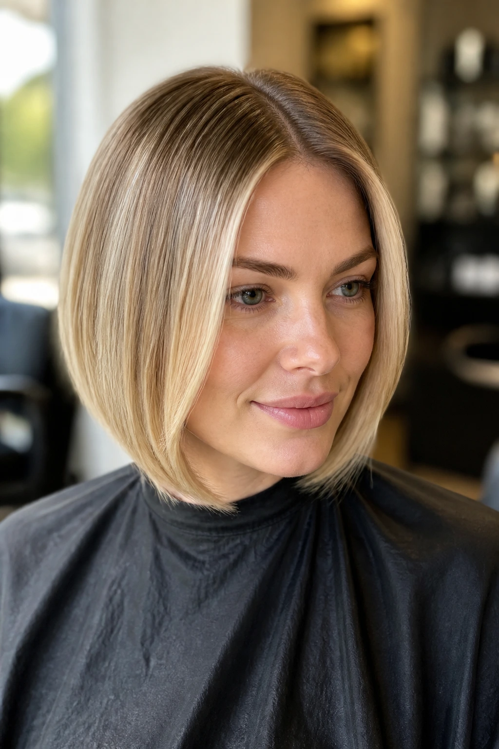 Portrait of a woman with multidimensional blonde shade showing roots and ends