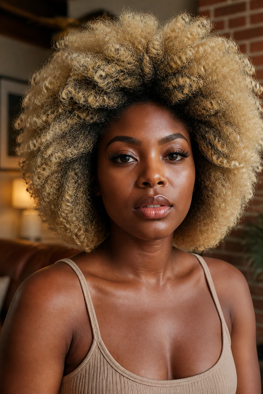 Real woman with blonde afro blowout and painted ends