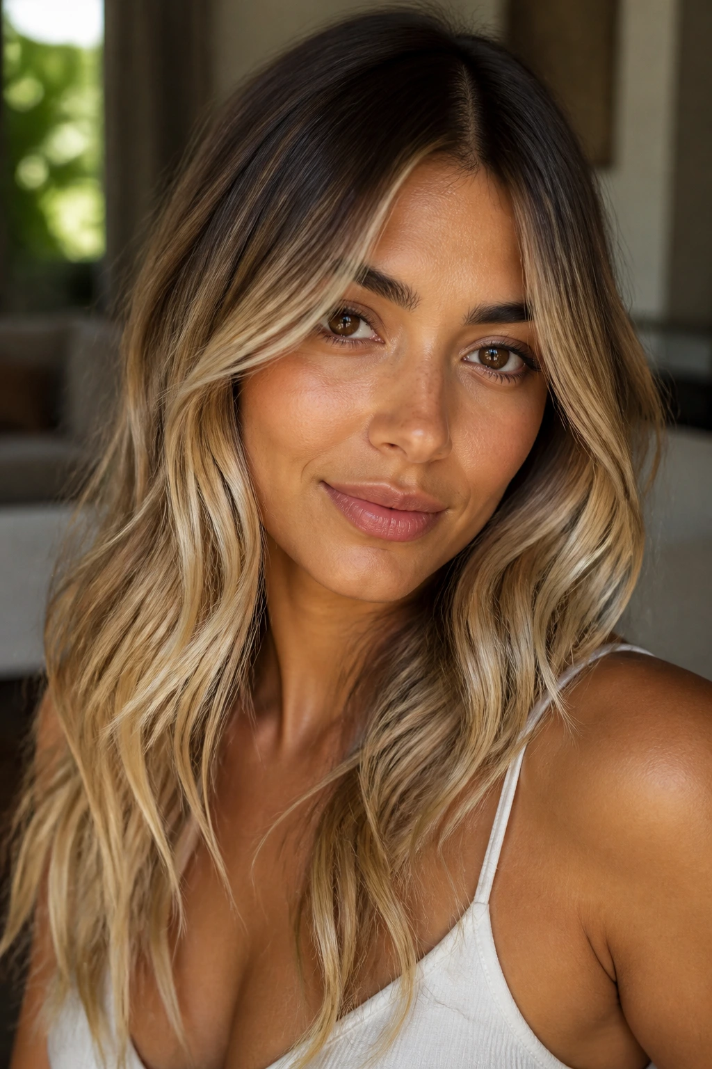 Close-up portrait of a woman with blonde balayage framing brown eyes on tan skin