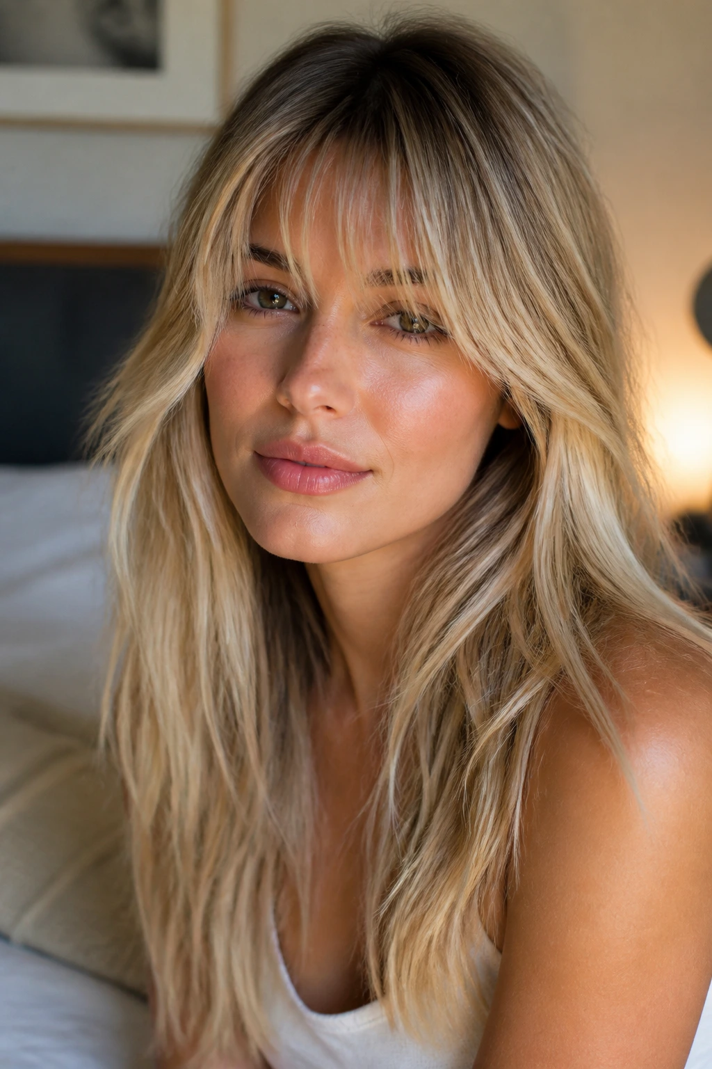 Close-up of a real woman with blonde bangs featuring a soft root melt and face-brightening panels