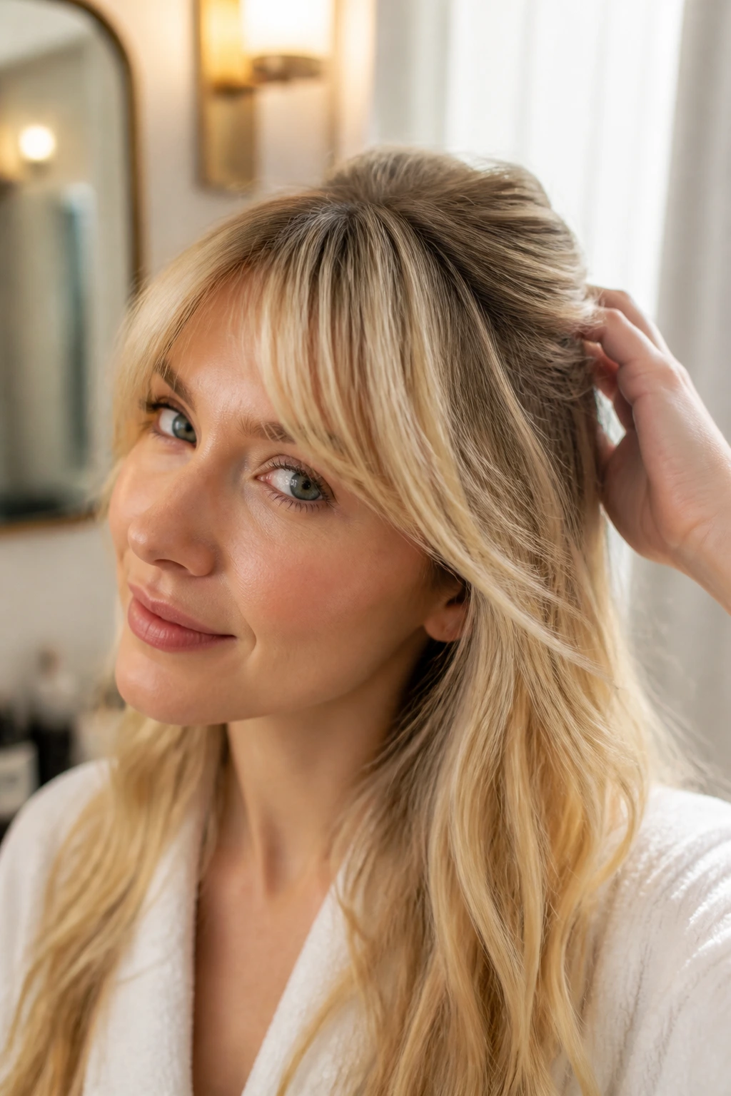 Real woman with lifted blonde bangs styled away from face