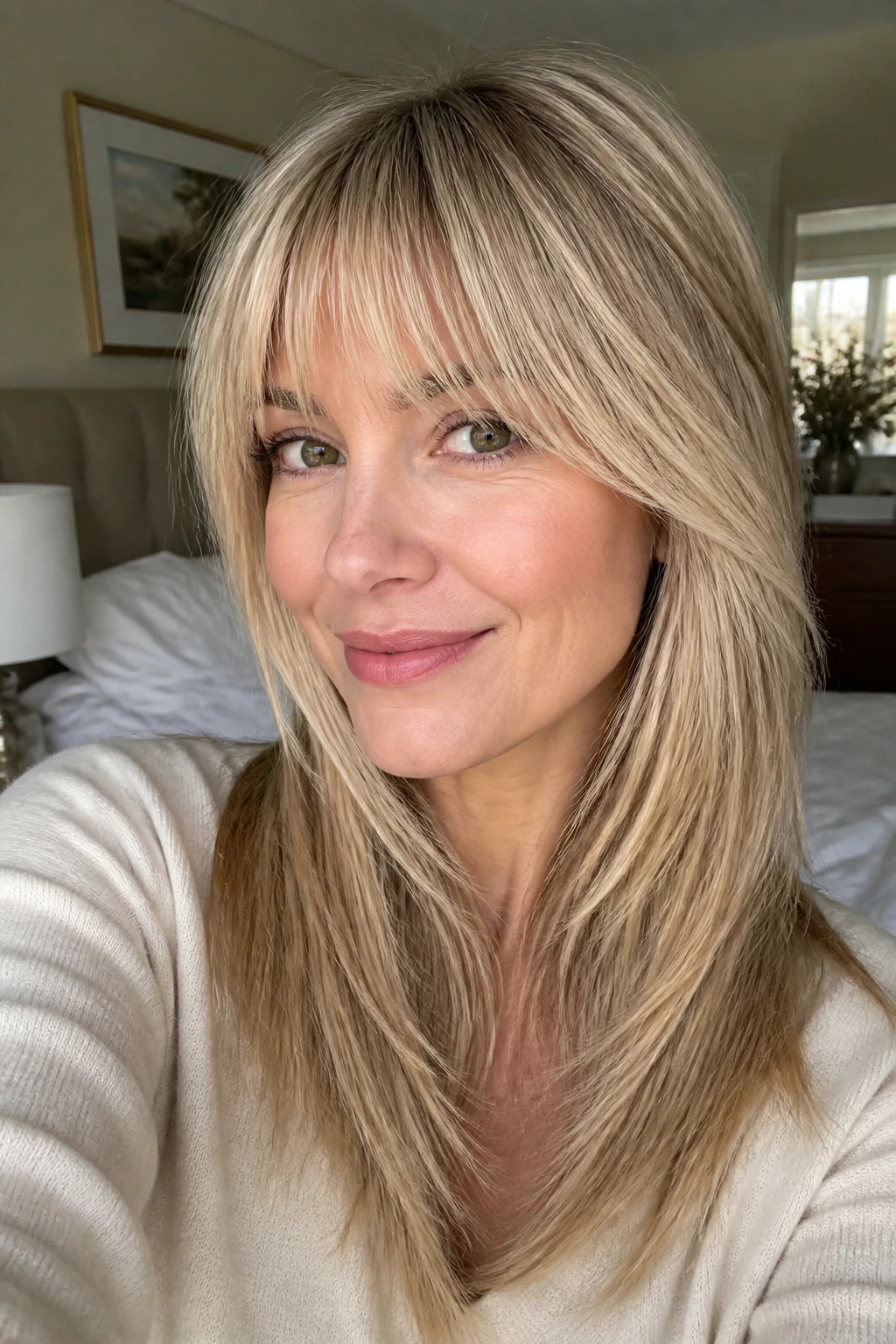 Close-up portrait of a real woman with blonde bangs and babylights in natural window light