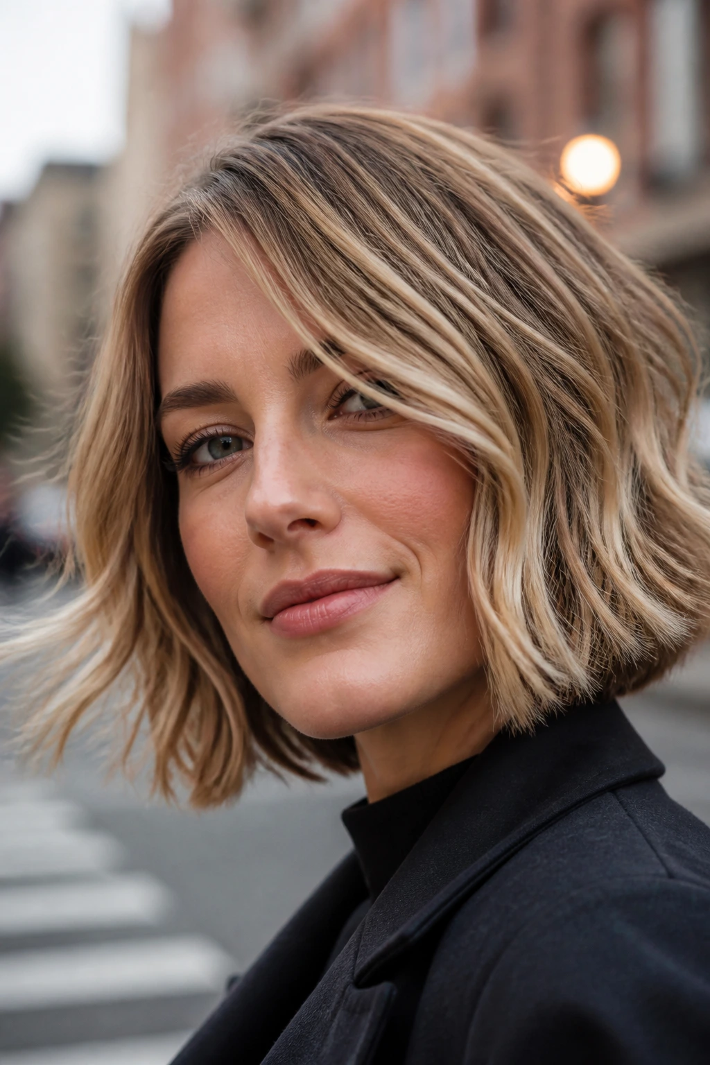 Woman with blonde wavy bob and caramel highlights outdoors