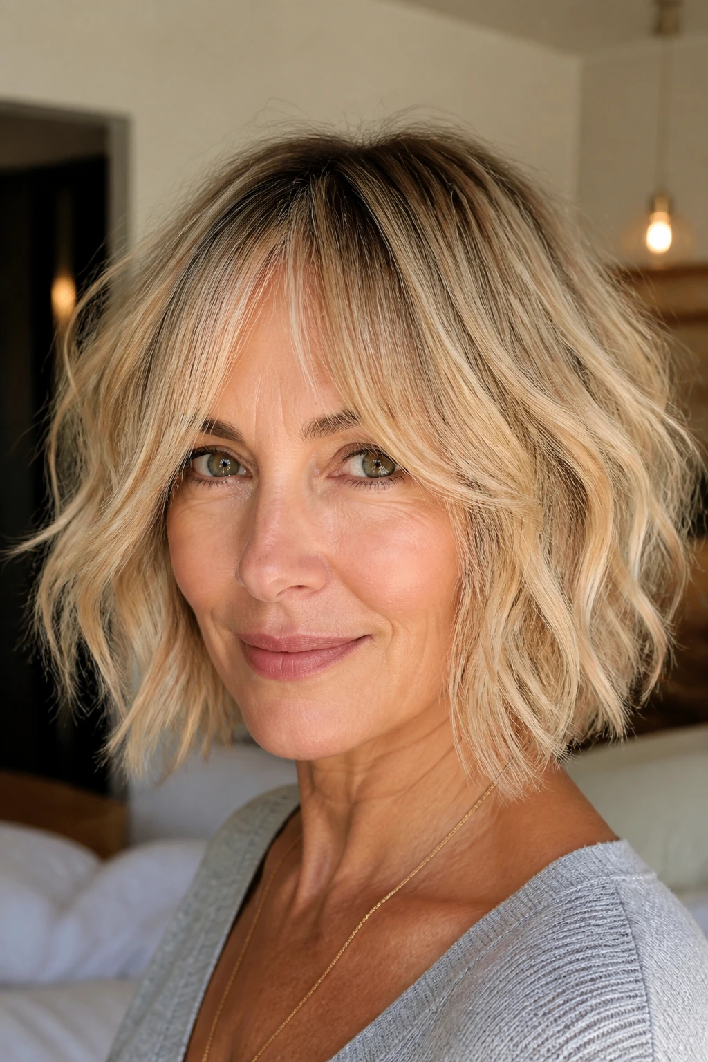 Close-up portrait of a real woman with rooty dimensional blonde bob and curtain bangs