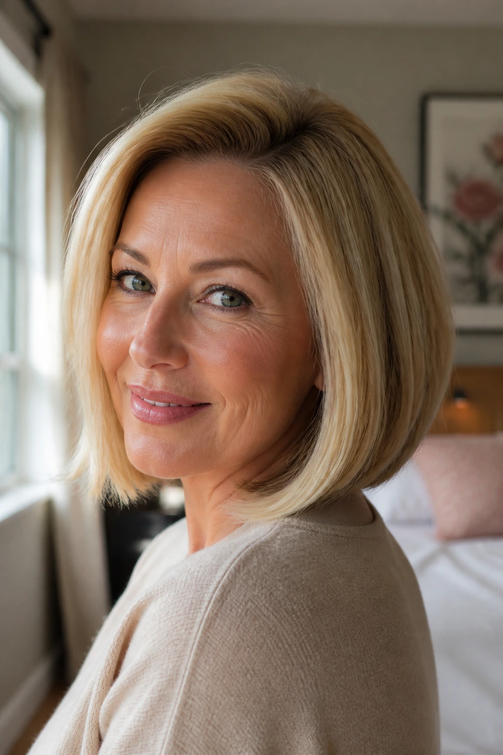 Close-up of a real woman with a blonde bob showing crown lift for a clean shape