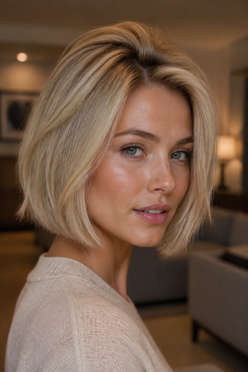 Portrait of blonde with voluminous blunt-edged bob showing crown lift