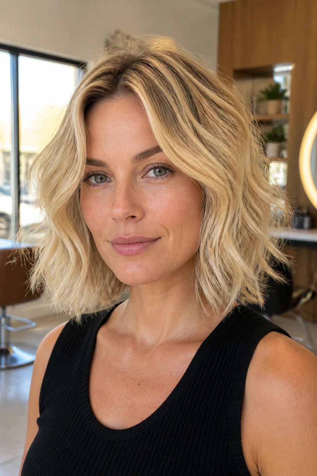Close-up portrait of a real woman with blonde wavy bob that flatters square faces