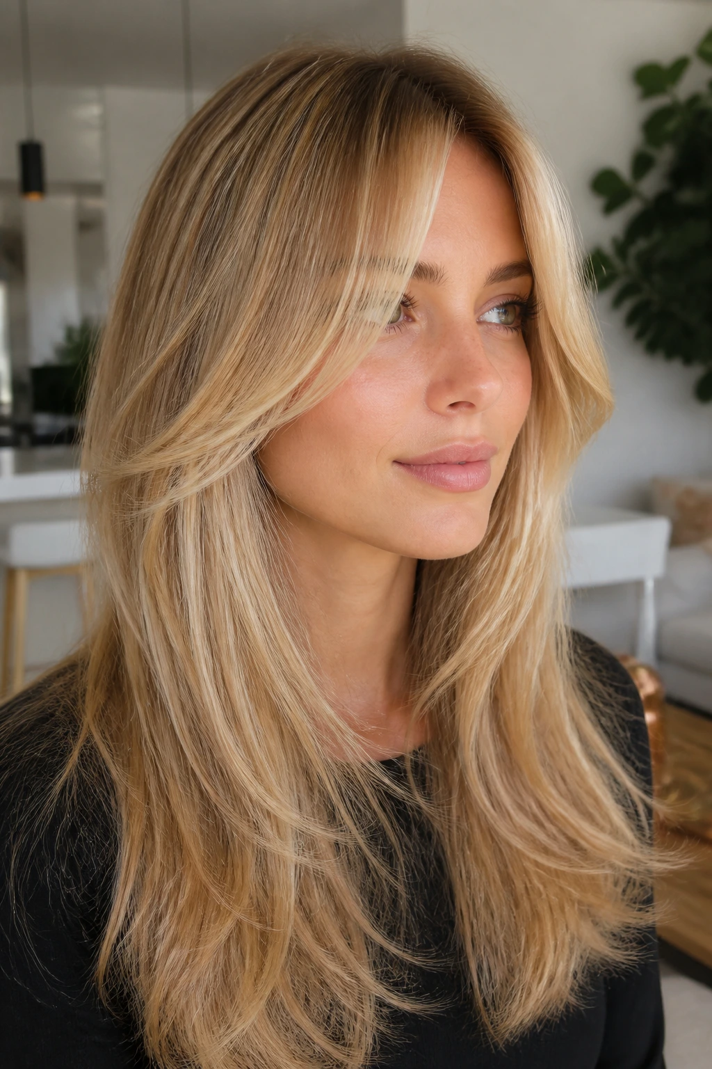Blonde woman with bottleneck bangs and long layers close-up