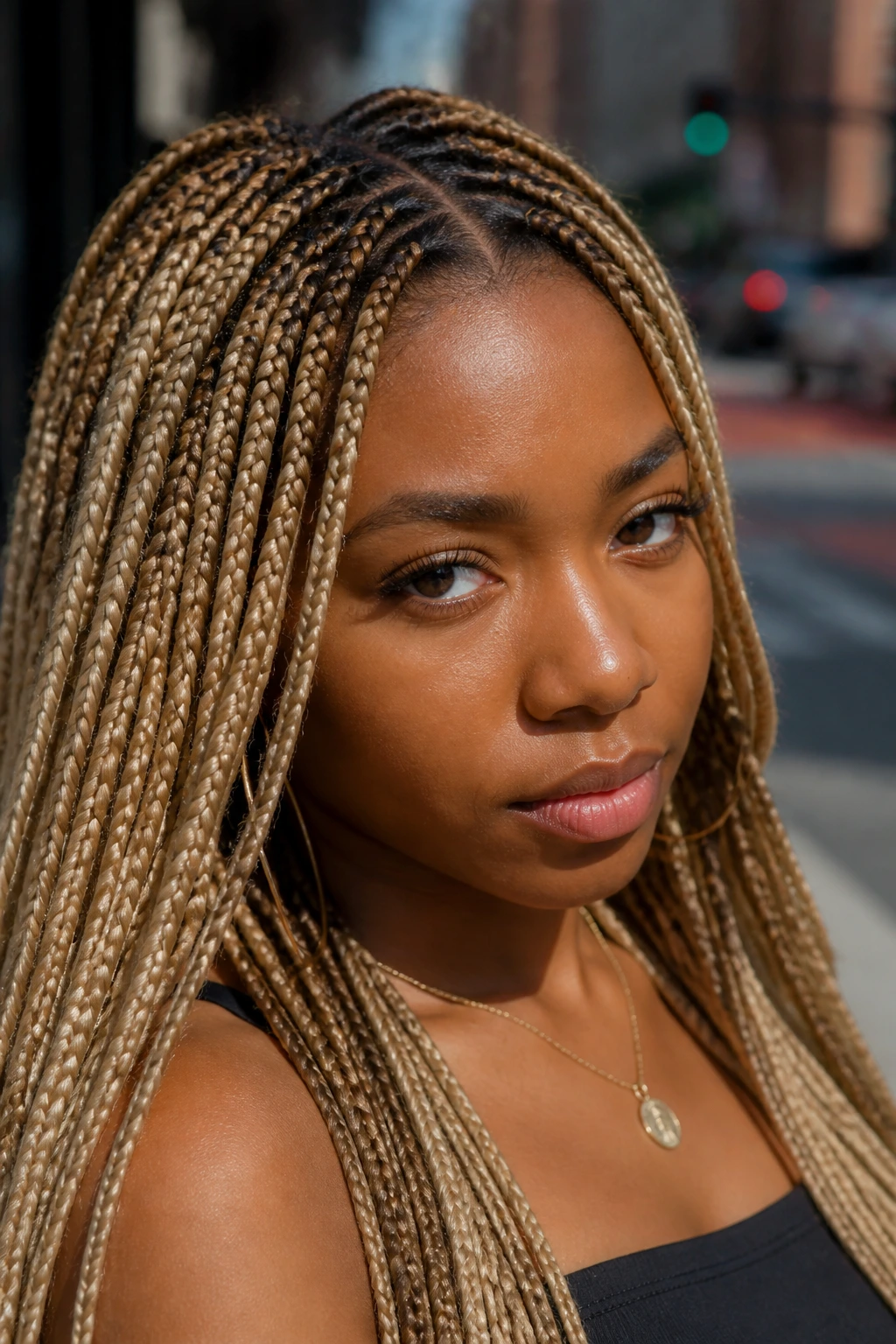 Close-up of a real woman with blonde box braids and root smudge.