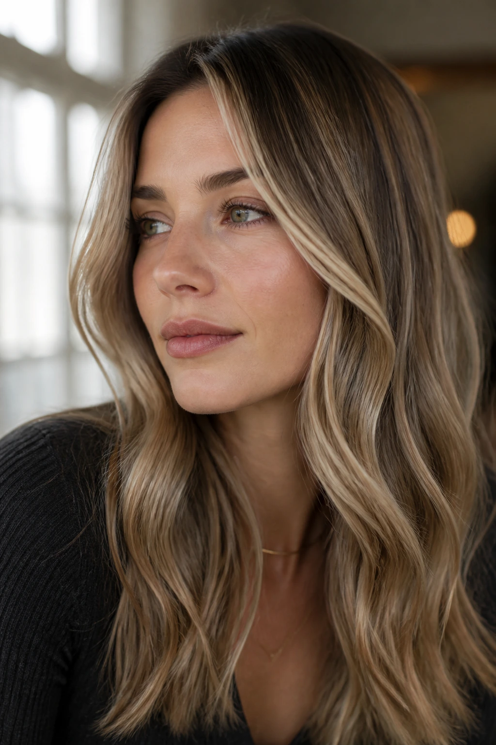 Close-up of a person’s hair with cool blonde-brown highlights around the face.