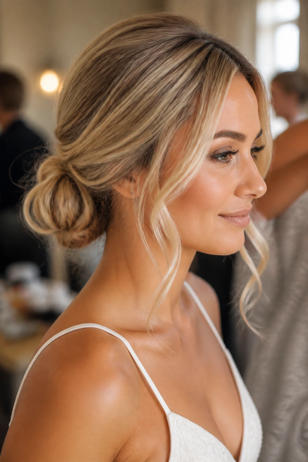 Close-up portrait of a real woman with sandy champagne low bun and soft textured nape