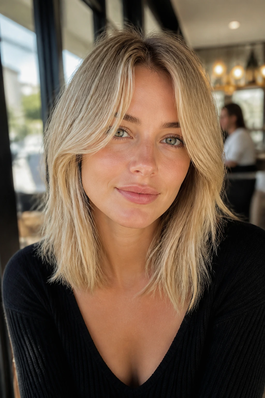 Blonde with collarbone-length lob and curtain bangs in a starter style