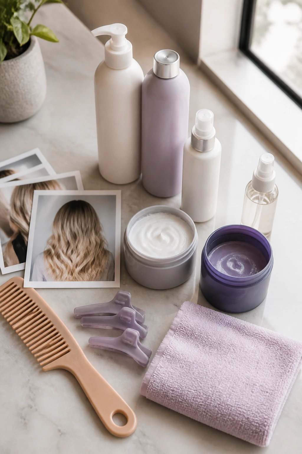 Flat-lay of unmarked hair color tools on a light counter in daylight