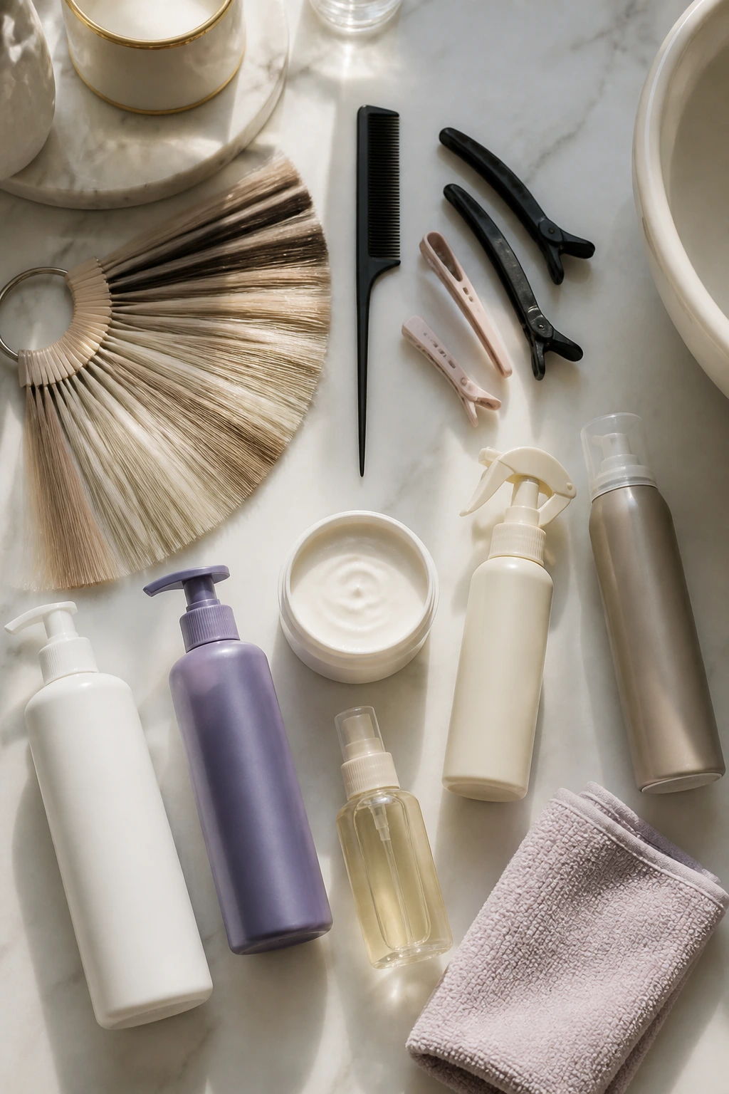 Flat-lay of blonde color tools and products including swatches, combs, clips, shampoos, and shine spray.