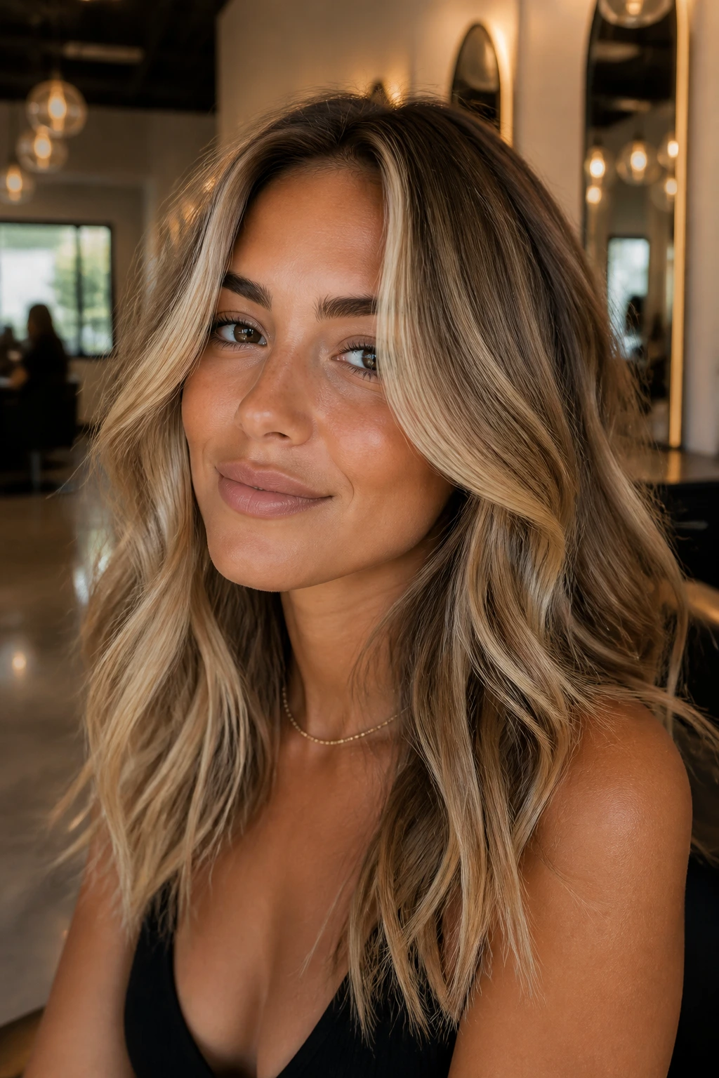 Portrait of a woman with sun-kissed blonde hair and soft face-framing lowlights