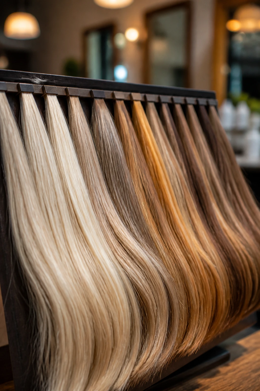 Row of blonde hair color swatches showing variations for density.