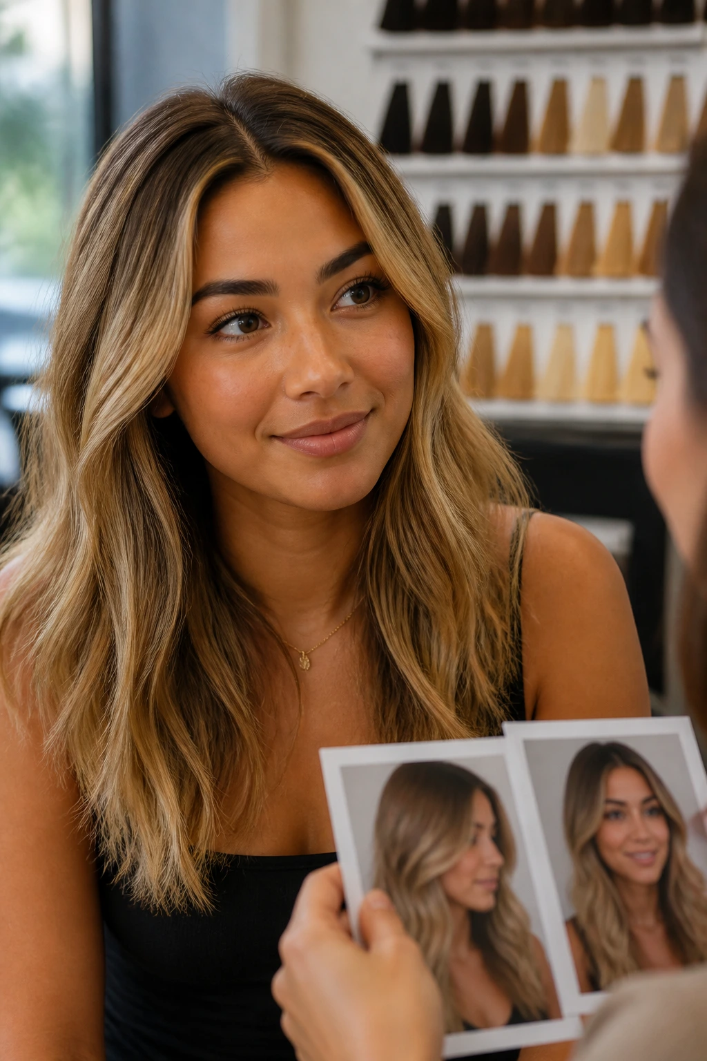 Real client in salon consults colorist about blondes, swatches in background