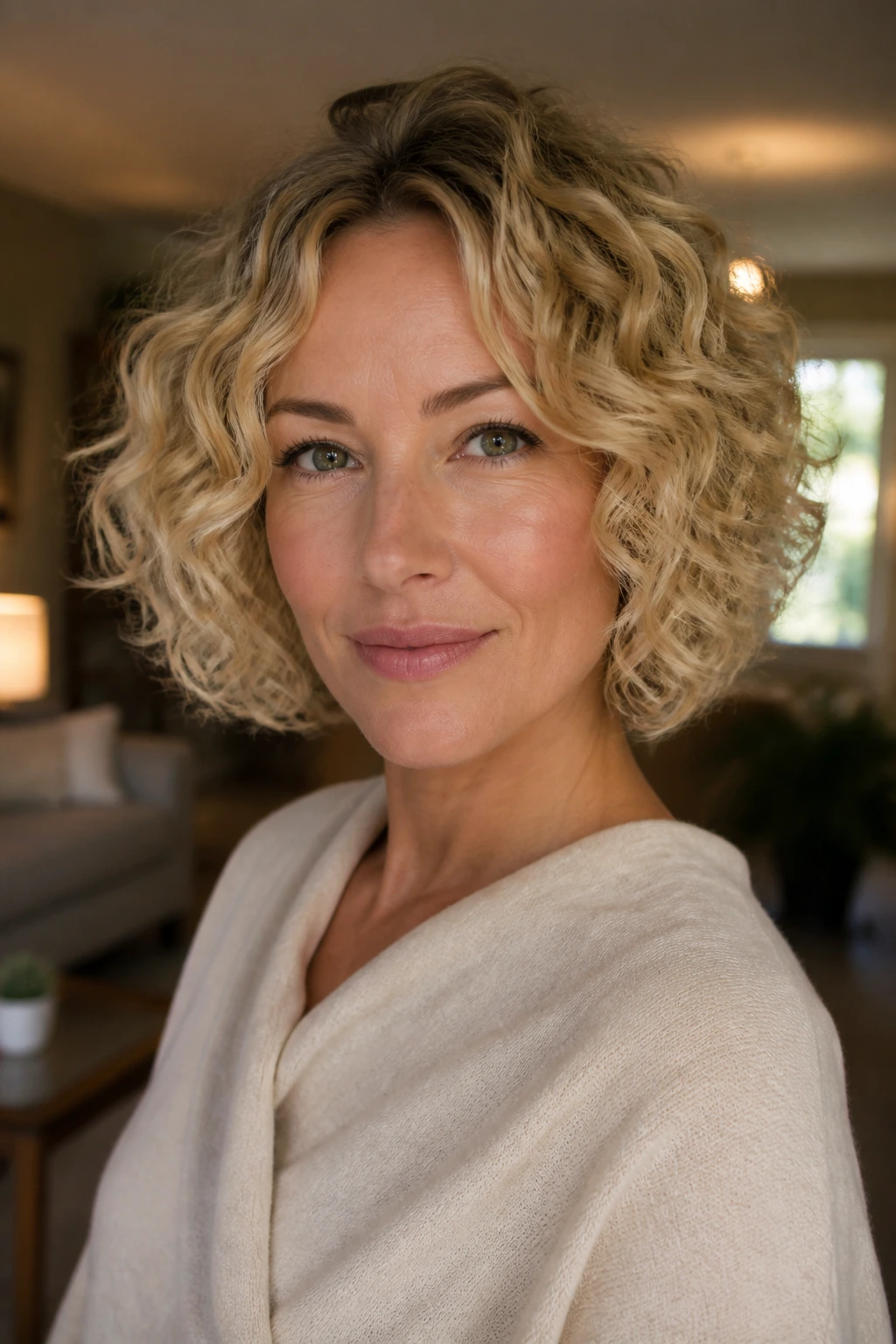 Close-up of a real woman wearing a chin-length blonde curly bob with cheekbone layers in natural window light