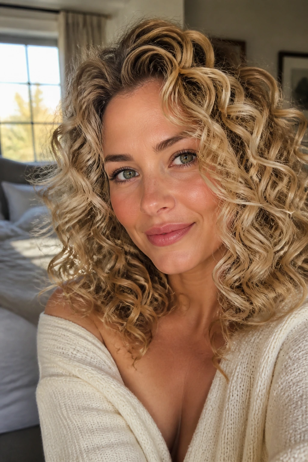 Close-up portrait of a real woman with face-framing blonde curls balancing a heart-shaped face