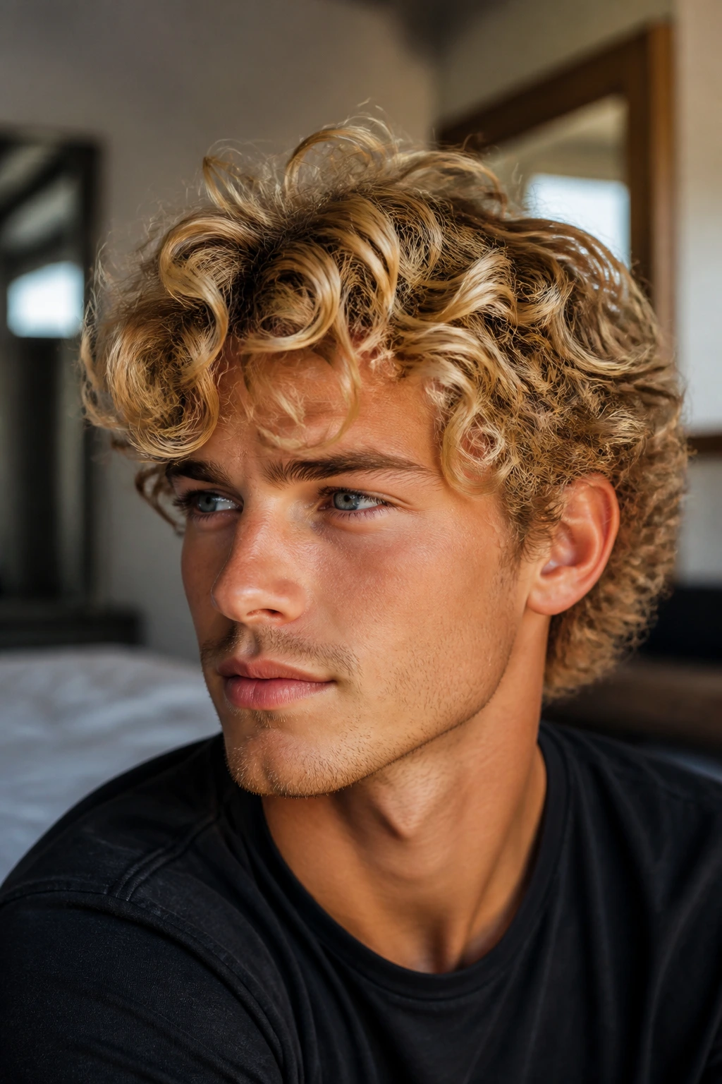 Close-up of a real person with blonde curls showing dimensional curl pattern