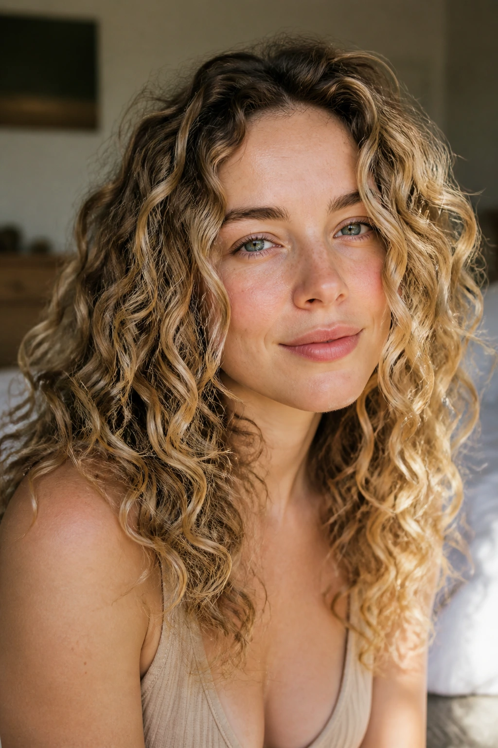 Close-up of real woman with curly blonde hair showing sand and mocha contrast.