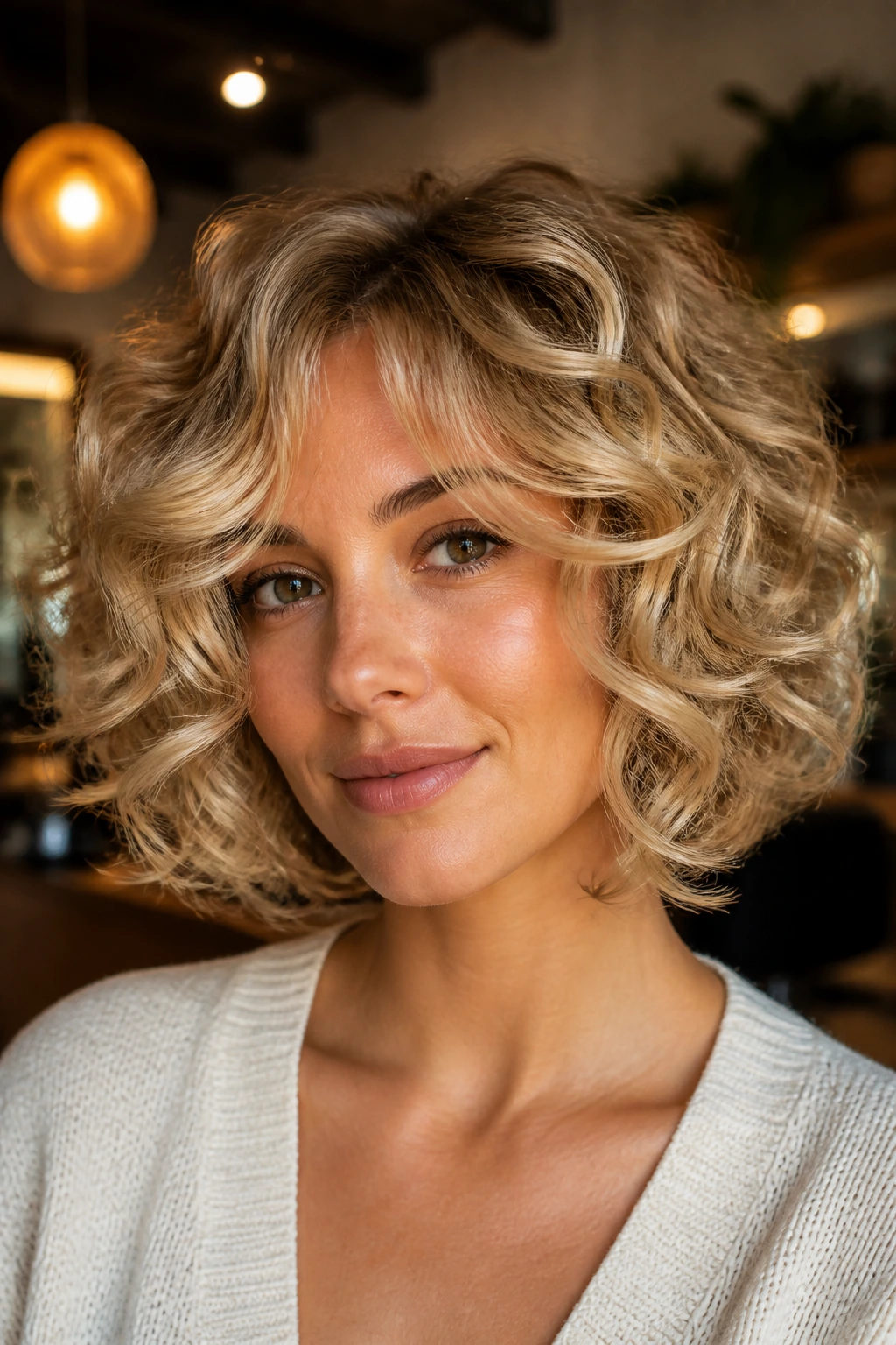 Close-up of blonde curly bob with layered interior curls and movement