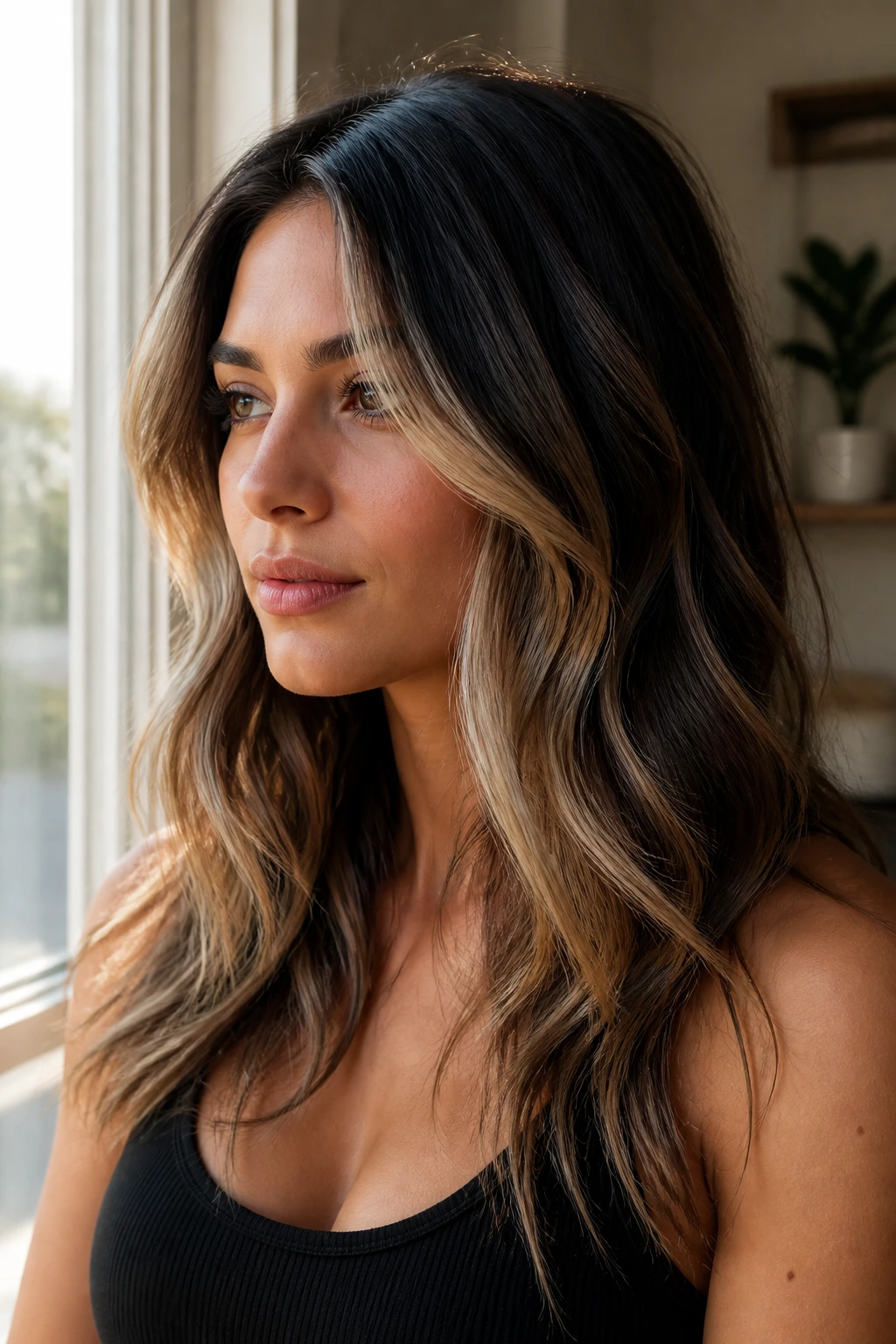 Close-up portrait of a real person with dark hair and blonde lowlights, showing depth at the roots
