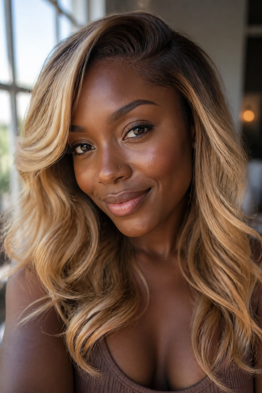 Close-up of a deep-skinned person with warm honey-blonde hair framing the face
