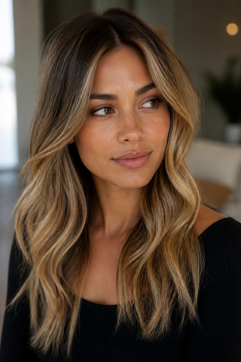 Close-up of blonde hair with depth and root shadow on medium skin