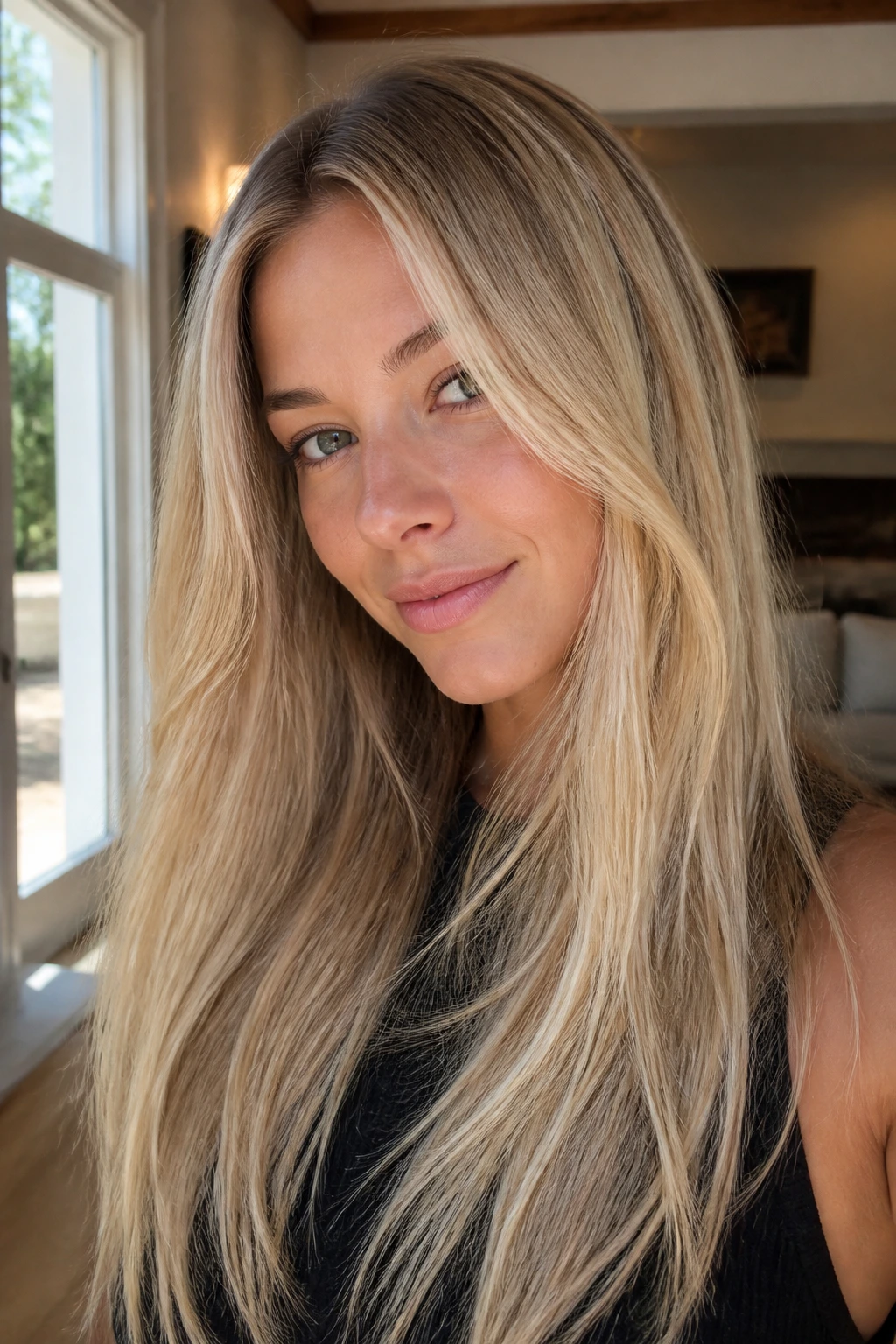 Close-up portrait of a real woman with dimensional blonde finish and root shadow.