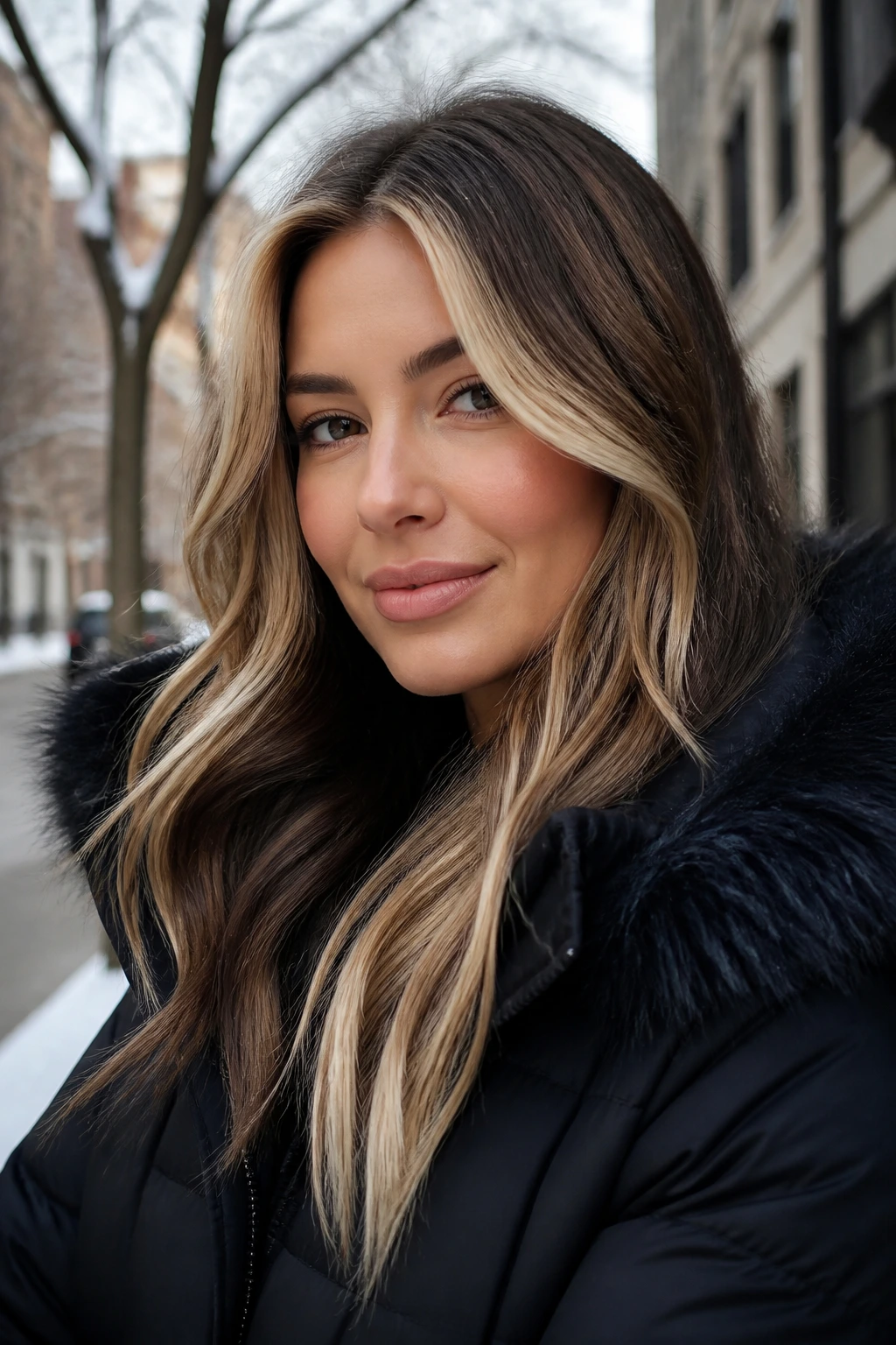Close-up of a real woman with balanced dark base and blonde front pieces in winter