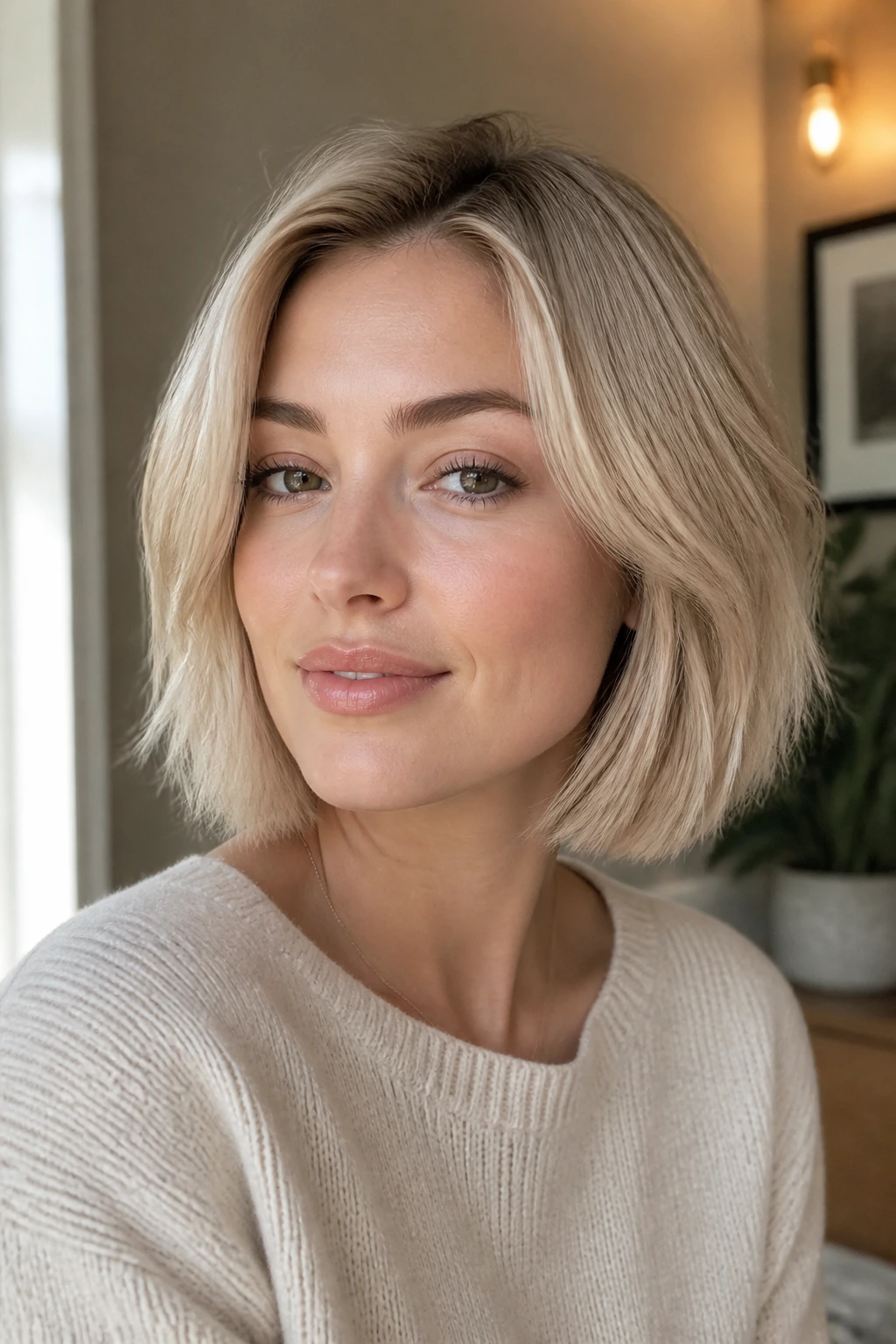 Portrait of a real woman with a creamy blonde bob that suits her hair and lifestyle
