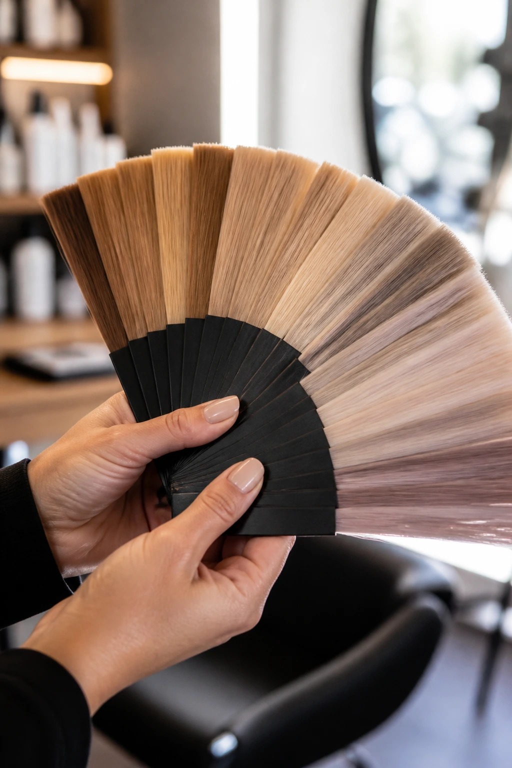 Hands holding blonde color swatches in a salon
