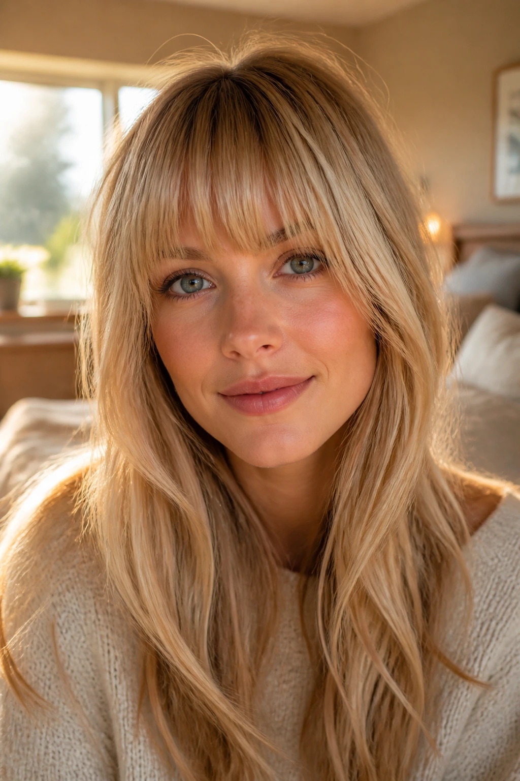 Close-up portrait of a real woman with blonde bangs framing the eyes in a long hairstyle