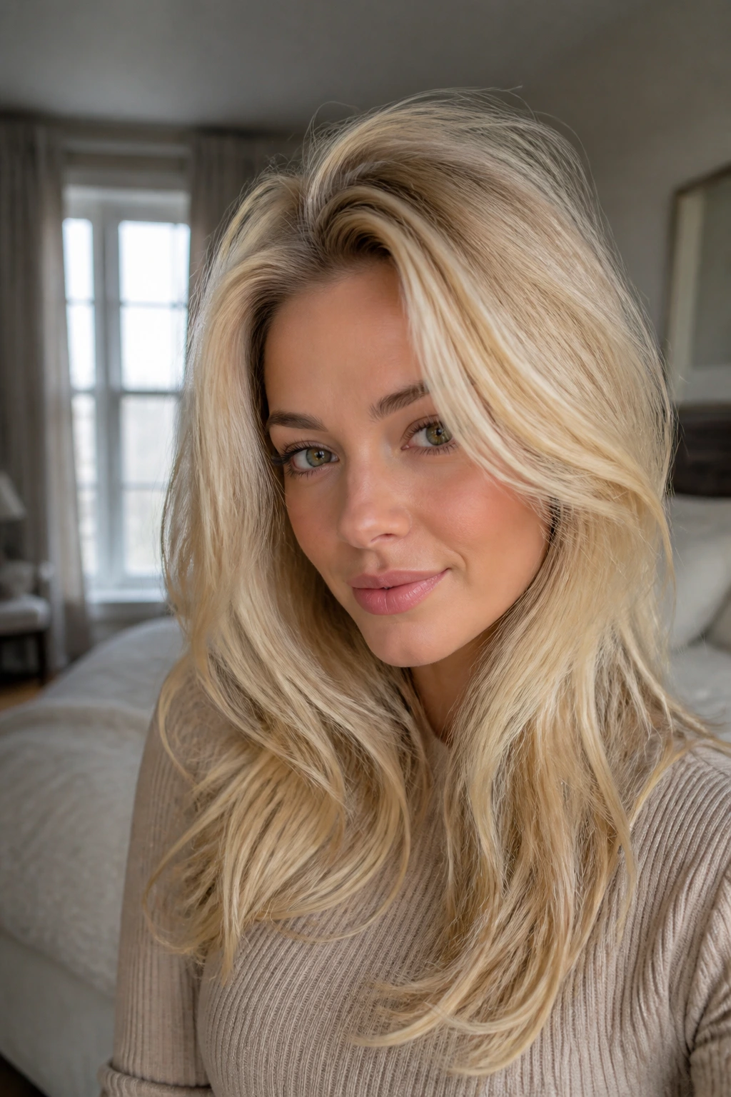 Close-up portrait of a real woman with blonde hair styled for fullness and crown lift.