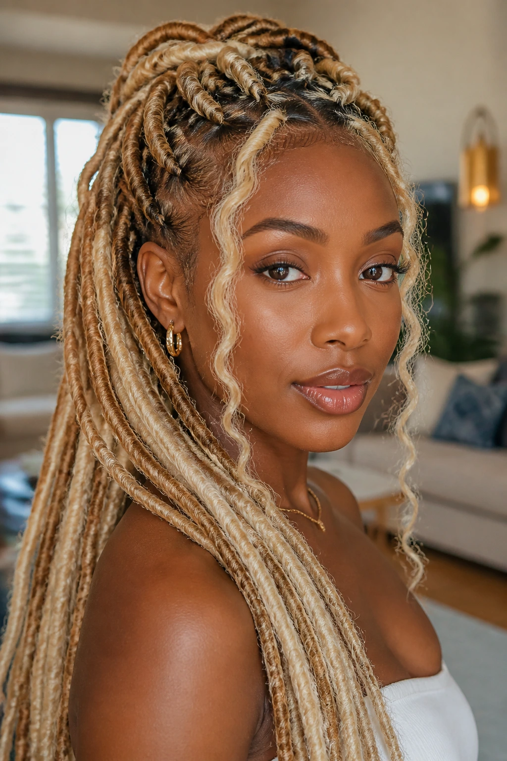 Close-up portrait of a real woman with blonde goddess locs in warm window light