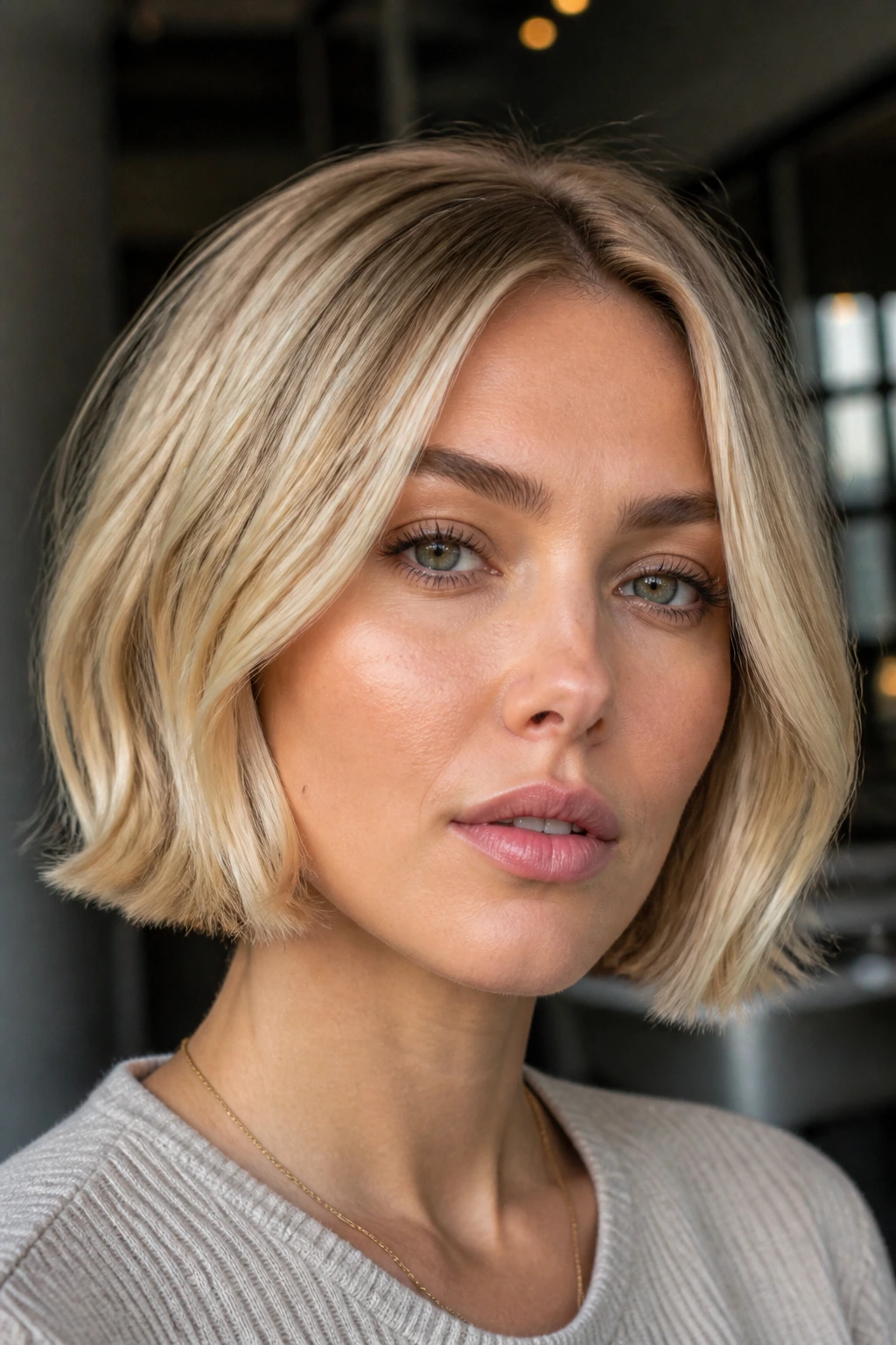Blonde jaw-length blunt bob with soft bend on a real person